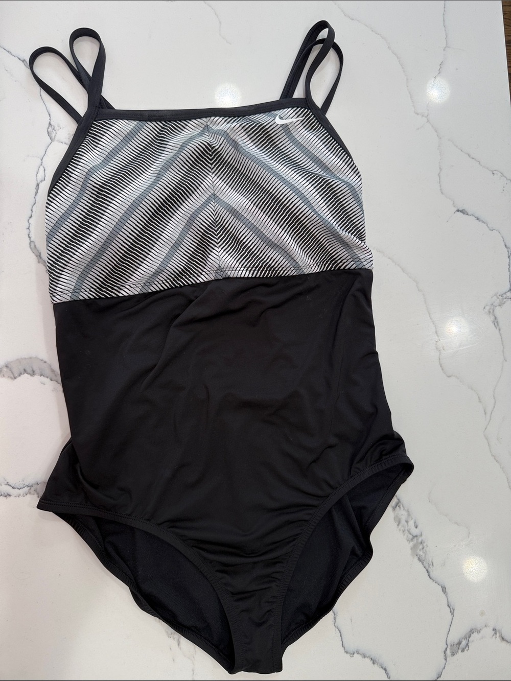 Nike Women’s Black One-Piece Swimsuit with White/Gray Striped Top